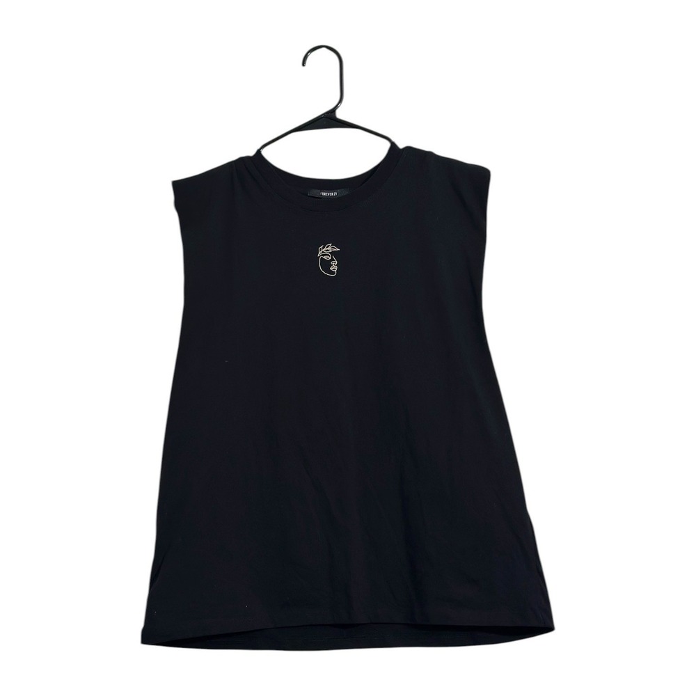 Forever 21 Men  Embroidered Line Art Face Muscle Tee Black Tank Top Large NWT
